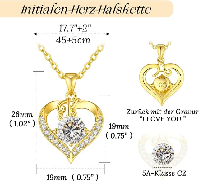 Detalle 2 de LOUISA SECRET Damen-Halskette mit A-Z Großbuchstaben & Herz-Anhänger, 18K vergoldet