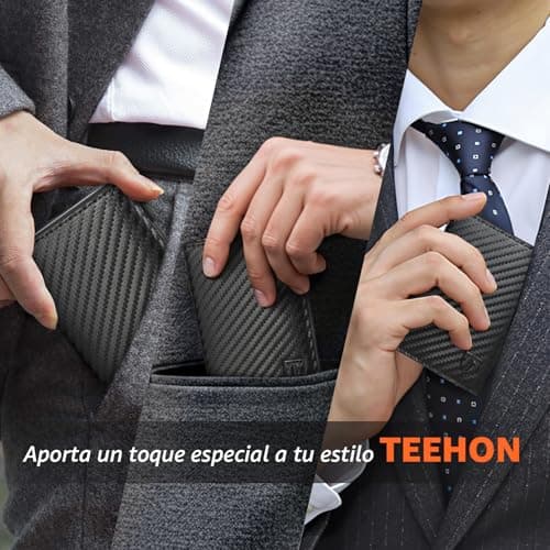 Detalle de TEEHON Carteras para Hombre con bloqueo RFID magnético y tarjetero de fibra de carbono (con monedero y ventana para ID)