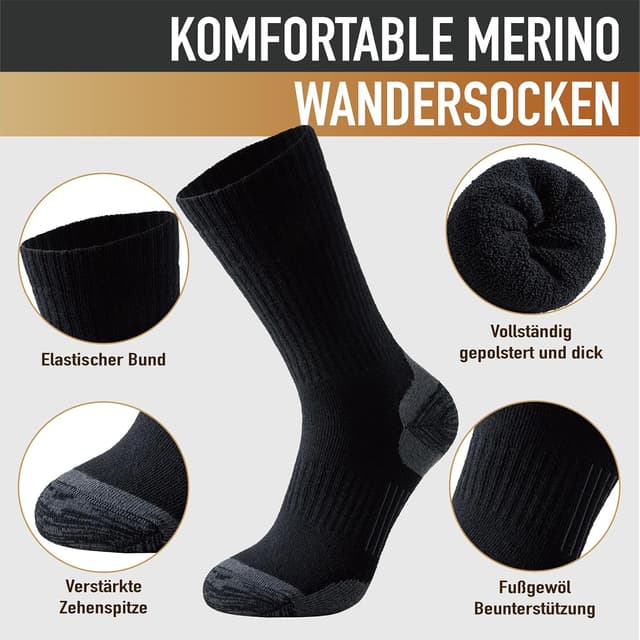 Detalle 2 de Niorasen Merino Wandersocken für Herren & Damen (3 Paar) – Thermosocken mit Merinowolle