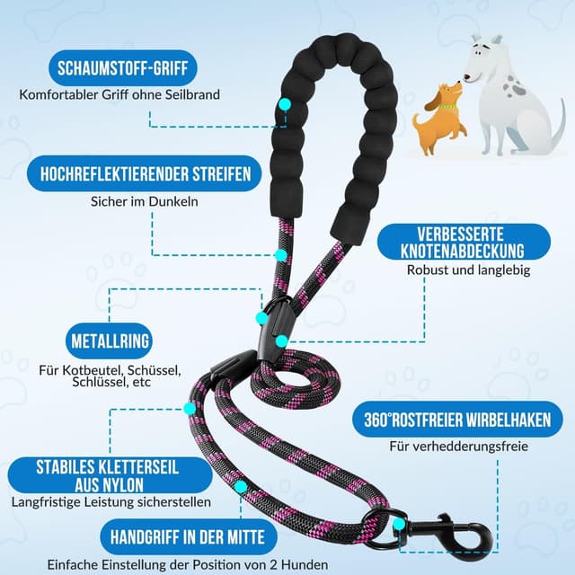 Detalle de SlowTon doppelte Hundeleine für zwei kleine Hunde mit 360°-Drehverschluss & Bungee