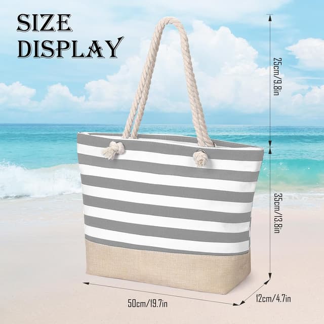 Detalle 2 de sprecenk große Strandtasche für Damen – wasserdichte Canvas-Tote Bag mit Reißverschluss (ca. 50 x 12 x 35 cm, 10 l)