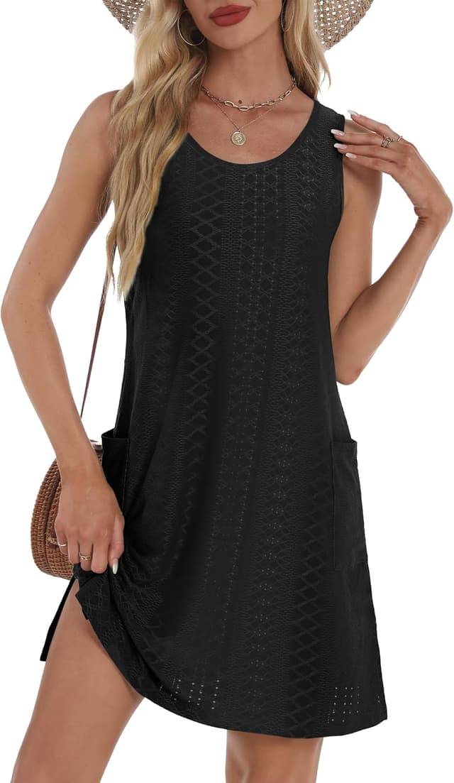 Detalle de BKRIVE Coverup Summer Dresses for Women 2025 Eyelet Loose Sleeveless Sundress with Pockets