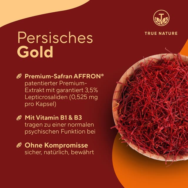 Detalle de Safran Kapseln TRUE NATURE® mit Affron® – 150 Kapseln (30 mg/Tag) für psychische Funktion – vegan