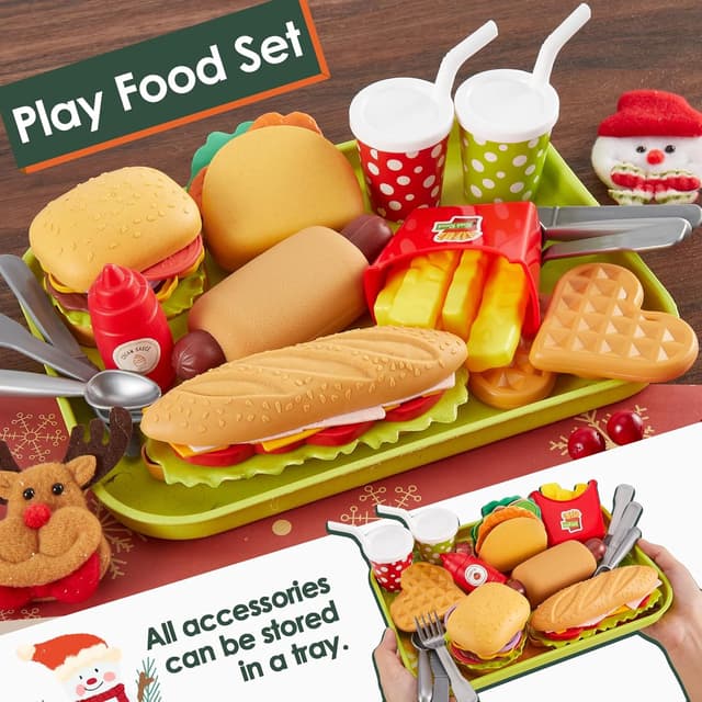 Detalle de BUYGER Pretend Play Toy Food Sets for Kids (Take Apart Hamburger, Fast Food Accessories) with Tray