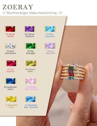 Detalle de ZOERAY ZORAY anillo apilable baño oro 18k con piedras de nacimiento (circonita cúbica)