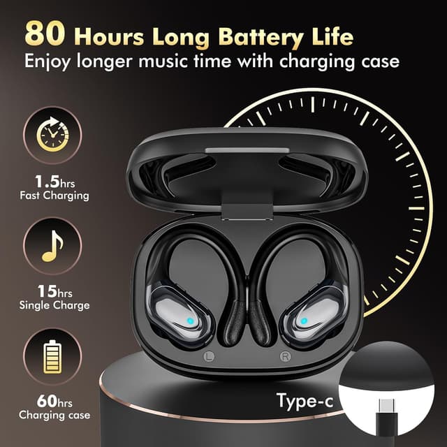 Detalle de HAOYUYAN BX17 Wireless Earbuds for Sports (IPX7, Noise Canceling, 80Hrs with LED Case Display) – Black