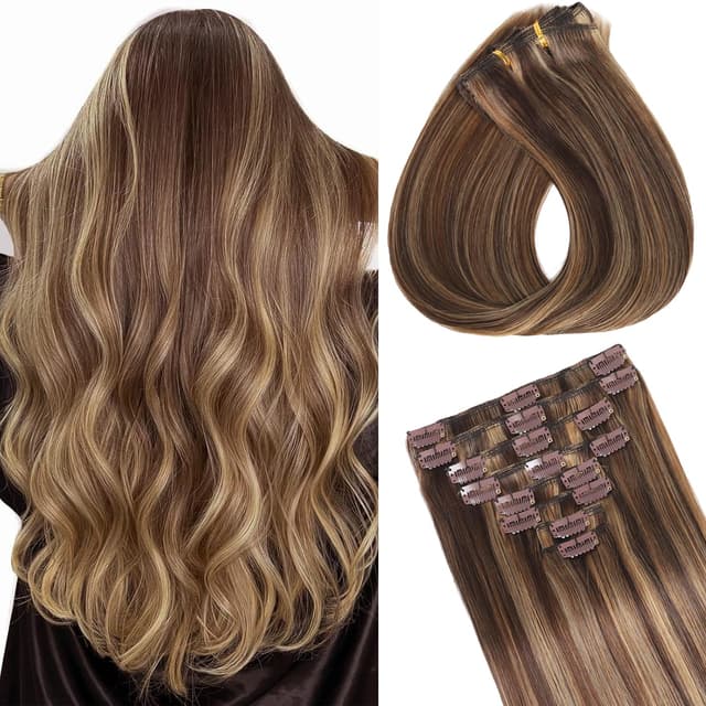 Detalle de Clip-in Hair Extensions with Remy Human Hair (Seamless Balayage) – Chocolate Brown with Honey Blonde Highlights, 8 pcs, 24 inch, 120g