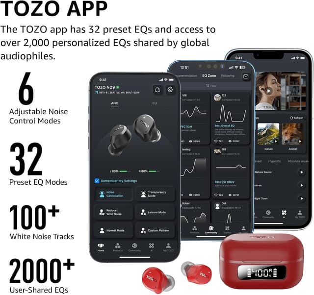 Detalle 2 de TOZO NC9 cuffie Bluetooth 5.3 con ANC ibrido, 6 microfoni ENC e modalità trasparente (Rosso)