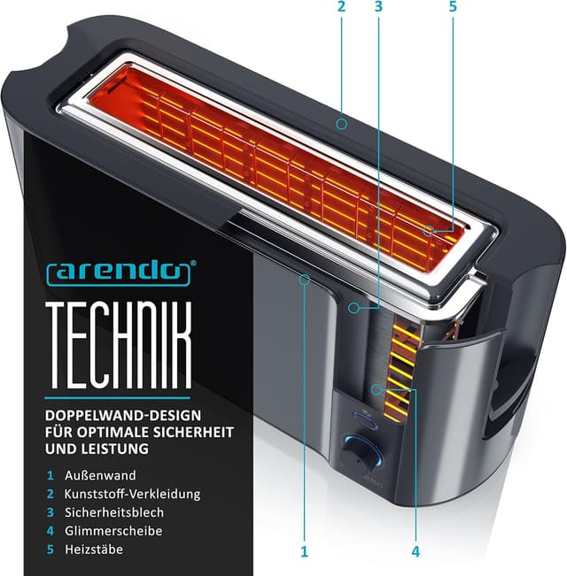 Detalle de Arendo Frukost 2-Scheiben Langschlitztoaster (Defrost, Doppelwandgehäuse, Brötchenaufsatz) – Cool Grey