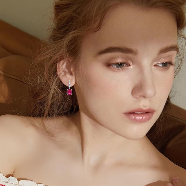 Detalle de FJ Prinzessschliff Hängende Ohrringe für Damen aus 925 Sterling Silber mit CZ & Leverback-Verschluss – Quadrat Solitaire