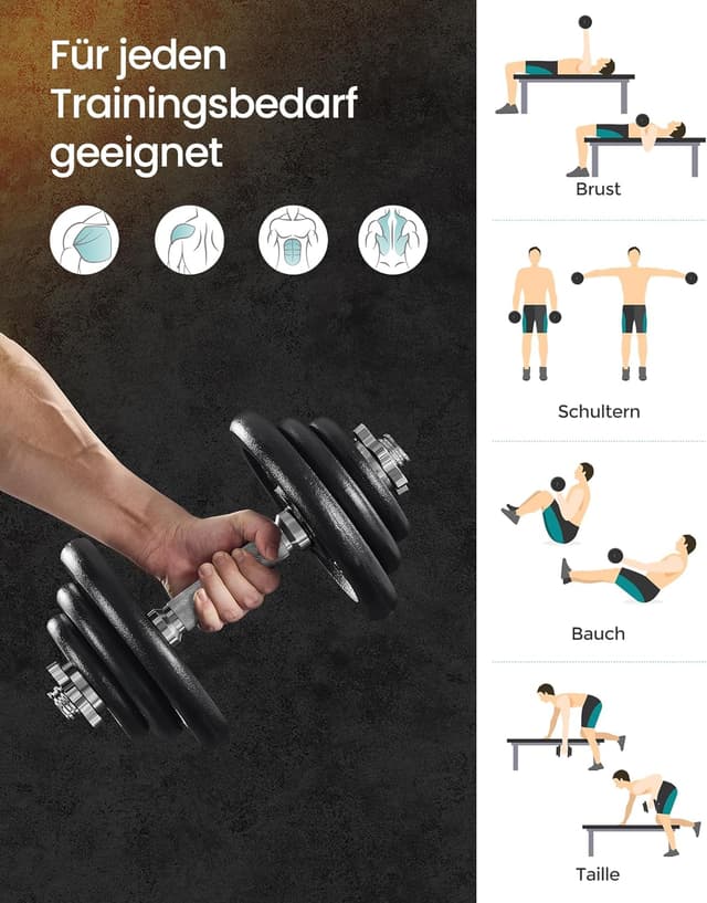 Detalle de SONGMICS verstellbares Hantelset aus Gusseisen (2 x 20 kg) für Krafttraining zuhause