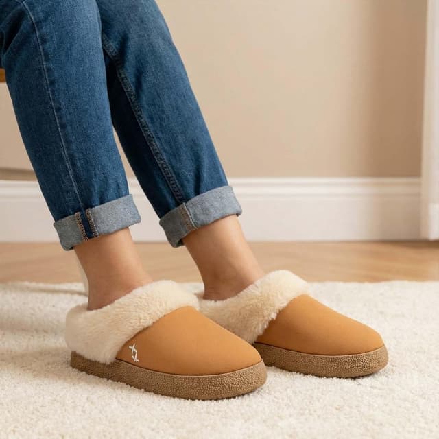 Detalle de EverFoams Women’s Microsuede Slippers with Memory Foam & Faux Shearling Collar
