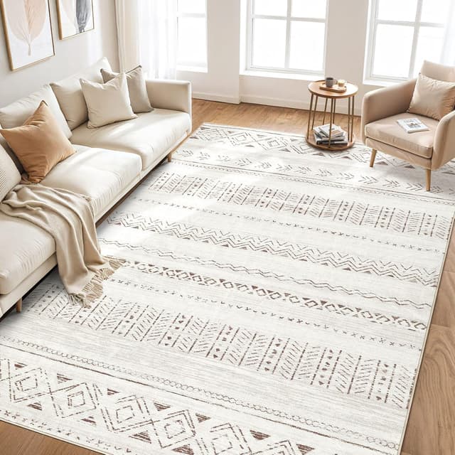 Detalle de Cotiled 10x12 Area Rug (Boho Washable) with Non-Slip Backing, Living Room Bedroom Dining Farmhouse Decor — L Brown/Cream