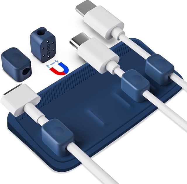 Detalle de Magnetischer Kabelhalter mit 5 variablen Magnetclips für Lightning, USB-C & Mikro-Kabel – universeller Kabelmanager (Blau)