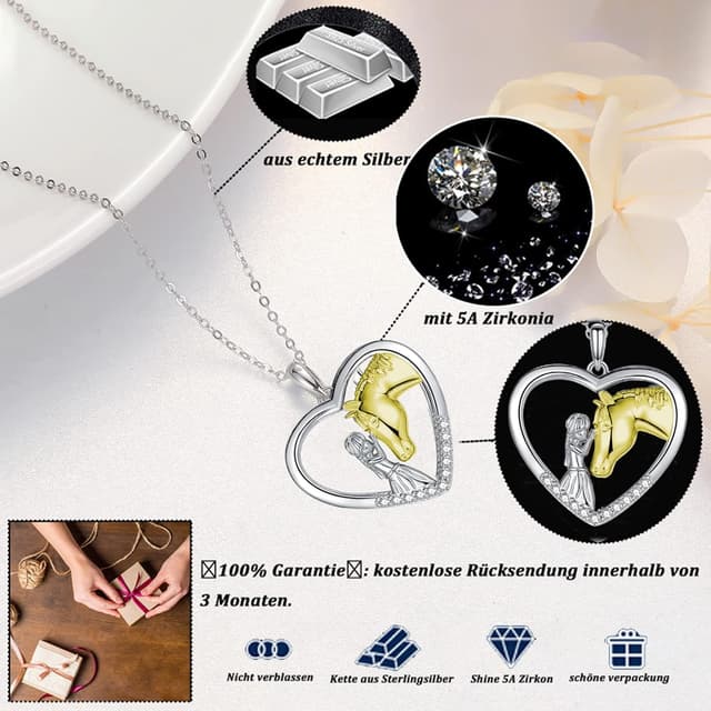 Detalle de USEEDOVIA Pferde-Mädchen Herz Halskette aus 925 Sterling Silber vergoldet in Weißgold-Optik (mit Geschenkbox)