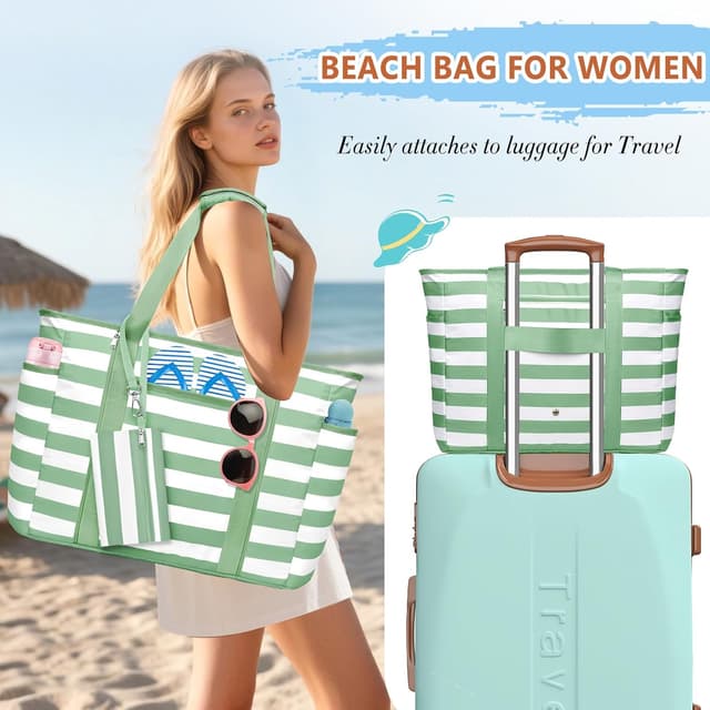 Detalle 2 de KTUEOV Sac de plage femme XXL 45 L pliable et imperméable, avec fermetures et compartiments pour piscine, voyage et shopping