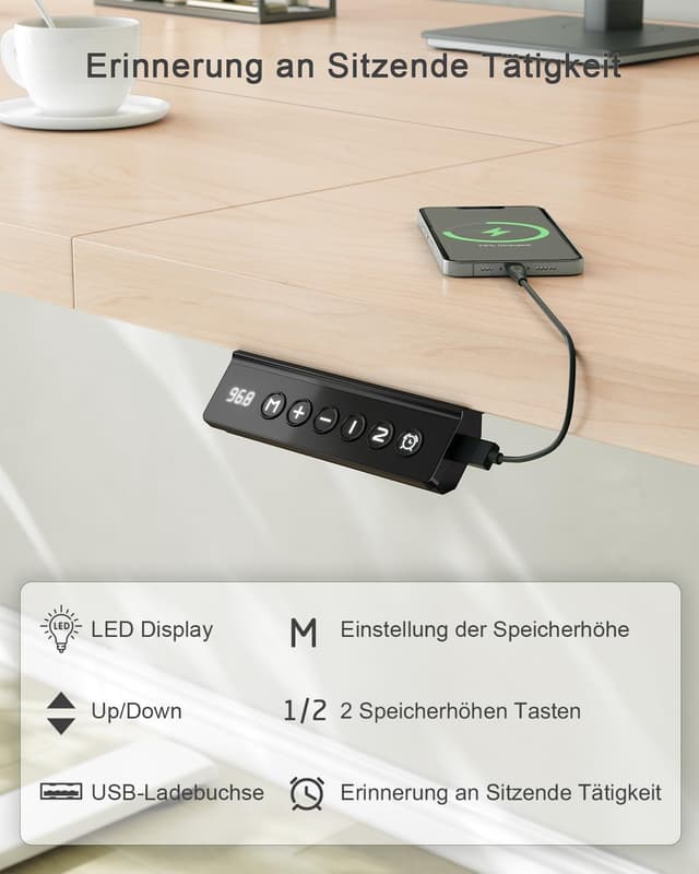Detalle de JUMMICO elektrisch höhenverstellbarer Schreibtisch mit USB-Ladeanschluss, 180 x 80 cm (beige)