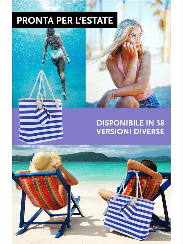 Detalle de DonDon Borsa da spiaggia grande con chiusura zip 58 x 38 x 18 cm stile marinaro