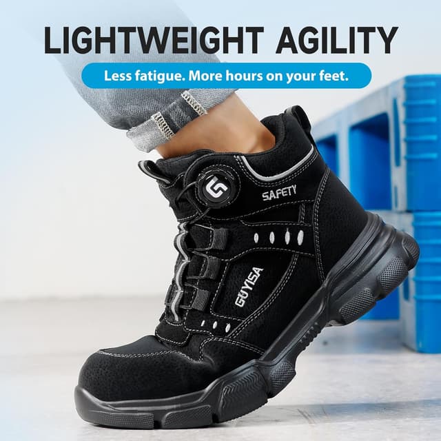 Detalle de GUSAYEX men’s lightweight steel toe cap safety boots with puncture-resistant midsole and quick swivel buckle lacing