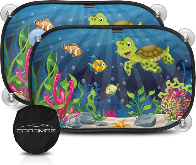 Detalle de CARAMAZ Sonnenschutz Auto Baby mit zertifiziertem UV-Schutz, universell 48 x 30 cm (2er-Set) – Motiv Grün-Turtle