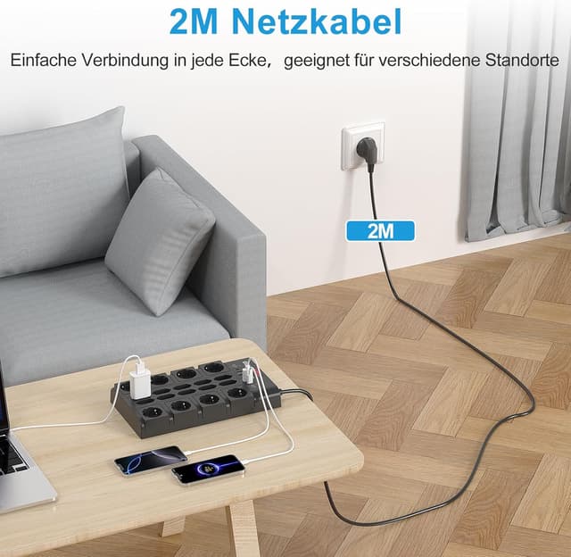 Thumbnail 6 de BEVA 18-fach Steckdosenleiste 3680 W/16 A mit Überspannungsschutz (2100 J) und 2 USB-C + 4 USB-A, Schalter, 2 m Kabel
