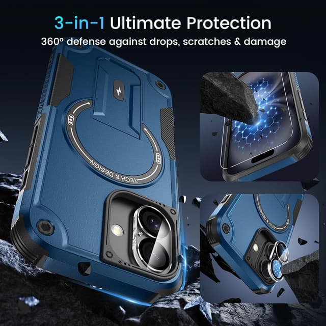 Detalle 2 de 3-in-1 iPhone 16 Case (MagSafe Compatible) with Invisible Kickstand, HD Screen Protector & Camera Lens Protectors — Blue
