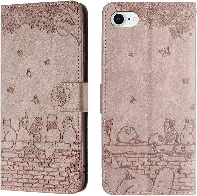 Detalle de FALUWONRU Klapphülle für iPhone SE 2022/SE 2020 sowie iPhone 7/8 (4,7") mit Magnetverschluss, Kartenfächern und Standfunktion – Rosa Lila