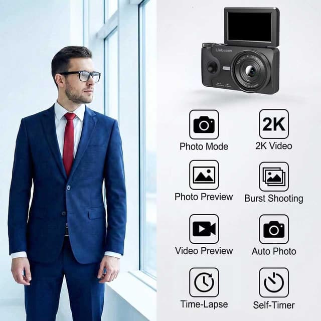 Detalle 1 de 4K Digital Camera (64MP Autofocus) with 3.0'' Flip Screen, Time Lapse, Slow Motion and 20 Filters — Portable for Photo & Vlog