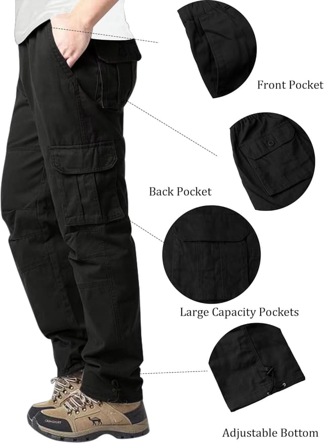 Detalle de YAOHUOLE Men’s Cargo Trousers: 6-pocket military-style cotton combat joggers