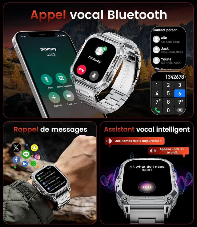 Detalle de Montre connectée homme militaire 2,01" HD avec Bluetooth, fréquence cardiaque et IP68 (argent)