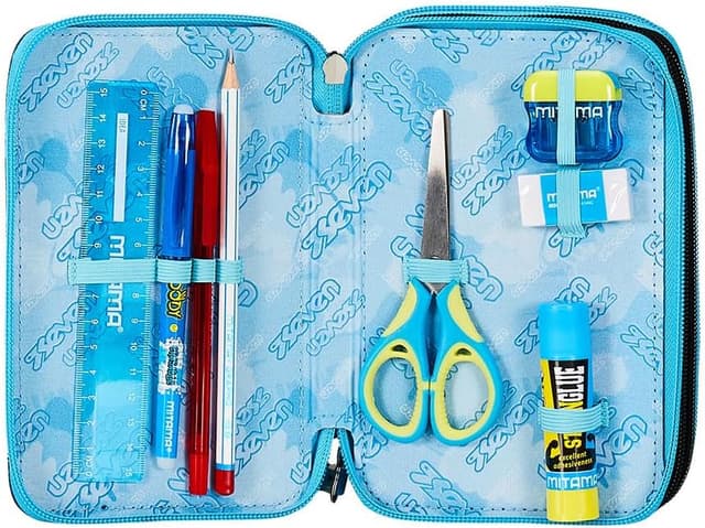 Detalle de Seven Federtasche „Mäppchen“ mit 3 Fächern (XXL) in Blau – mehrfarbig sortiert für Schule & Grundschule