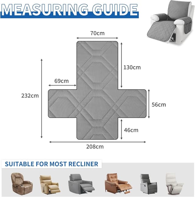 Detalle de YSTELLAA Copripoltrona Relax Reclinabile Grande 1 posto impermeabile grigio chiaro con braccioli rimovibili