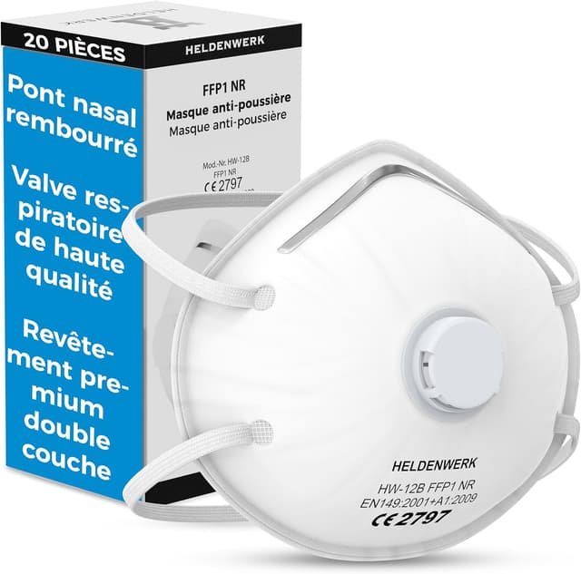 Detalle de HELDENWERK Atemschutzmaske mit FFP1-Schutz im Set (5er/10er/20er) – Staubschutz für Schleif-, Bohr- und Sägearbeiten
