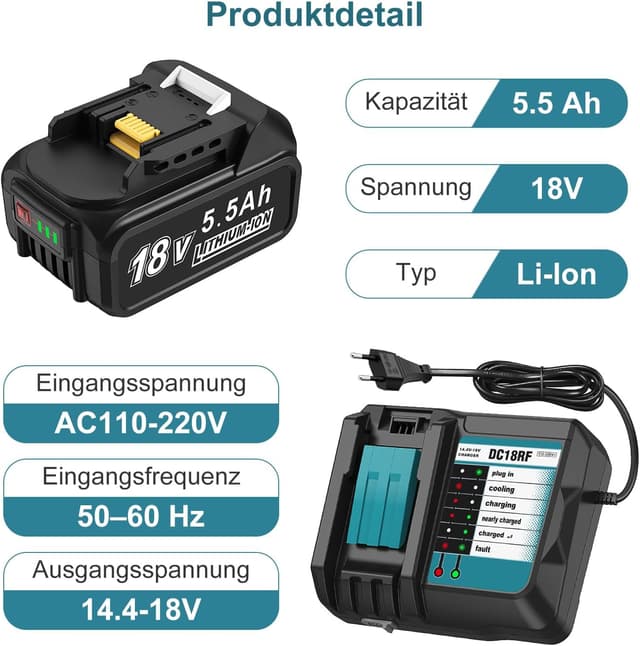 Detalle 2 de DC18RF Ladegerät-Set mit 18V 5.0Ah Akku und LED-Ladeanzeige für Makita BL1860B/BL1850/BL1840