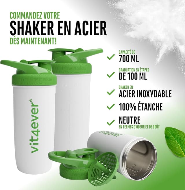 Detalle 1 de Vit4ever Shaker en acier inoxydable Reforce Stainless White, 700 ml