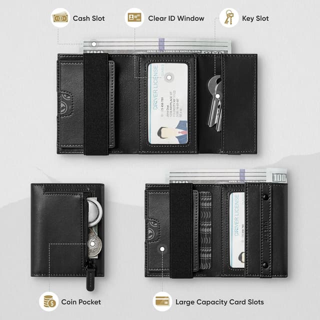 Detalle 2 de VULKIT Portefeuille compact en cuir homme noir à 3 volets avec blocage RFID et poche zippée