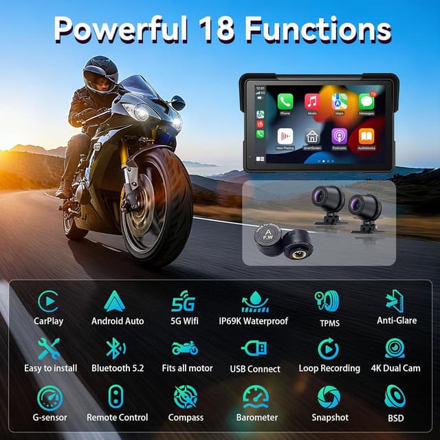 Detalle 2 de Wireless Motorcycle CarPlay & Android Auto GPS (7-Inch Touchscreen) with AHD Dual Cam, Siri/Google Assistant, Looping, GPS, TMPS, IP69K