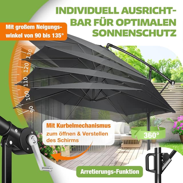 Detalle de KESSER Sonnenschirm Ø 350 cm – Ampelschirm mit Kurbel, 360° Drehfunktion und Schutzhülle (Anthrazit)