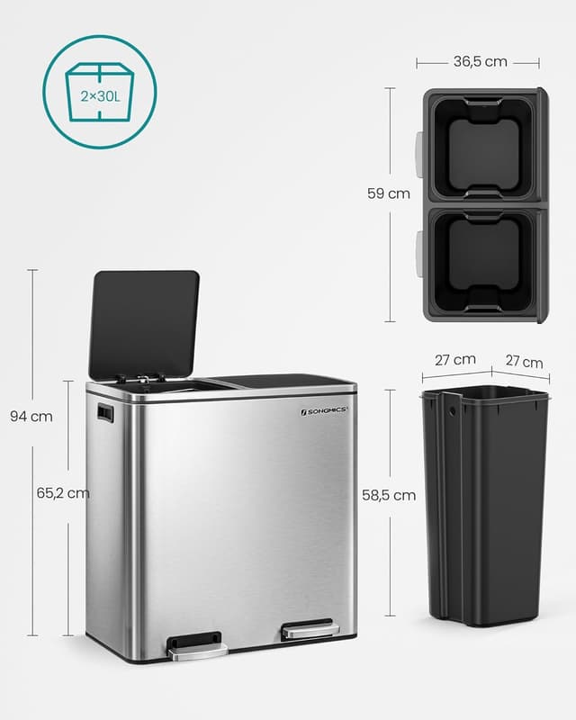 Detalle 2 de SONGMICS LTB060A01 pattumiera 2 scomparti 30 L