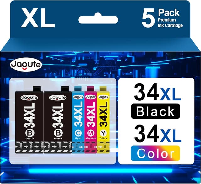 Detalle de Pack de cartouches Jagute 34XL compatibles Epson 34/34XL pour Workforce Pro WF-3725DWF et WF-3720DWF (2 Noir, 1 Cyan, 1 Magenta, 1 Jaune)
