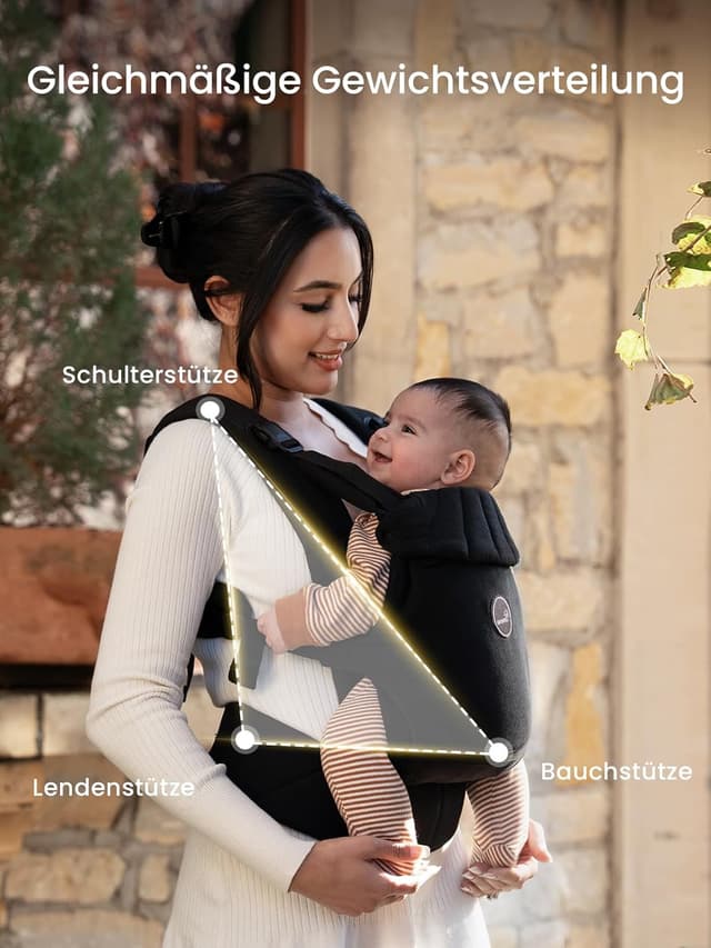 Detalle de GROWNSY Babytrage mit Ein-Klick-Schnalle und Kopfstütze (3–20 kg) – ergonomisch & leicht in Schwarz