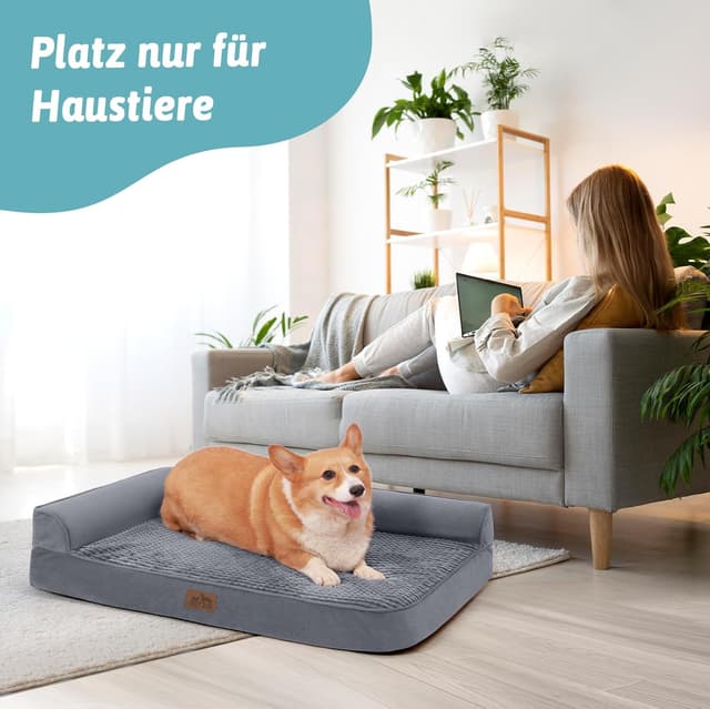 Detalle 2 de COZY KISS Orthopedic Dog Bed for Large Dogs (L Shape) – Waterproof Cover, Anti-Slip, Washable – Grey, 107x76x19cm