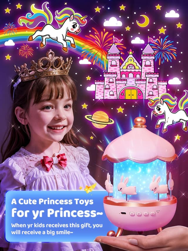 Detalle 2 de Carousel Night Light for Kids: Unicorn Star Projector With Remote, Timer, Music & Films (315 Color Modes)