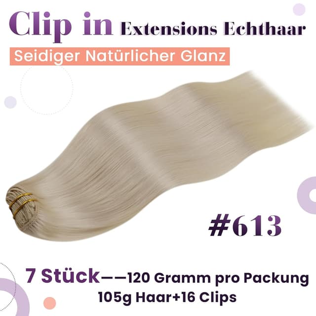 Detalle de LaaVoo Clip-in Extensions Echthaar 55 cm, #613 hellblond – 7-tlg. Set mit Clips