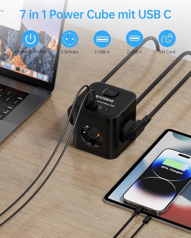 Detalle 2 de AICODE Steckdosenwürfel 3680 W mit 4 USB