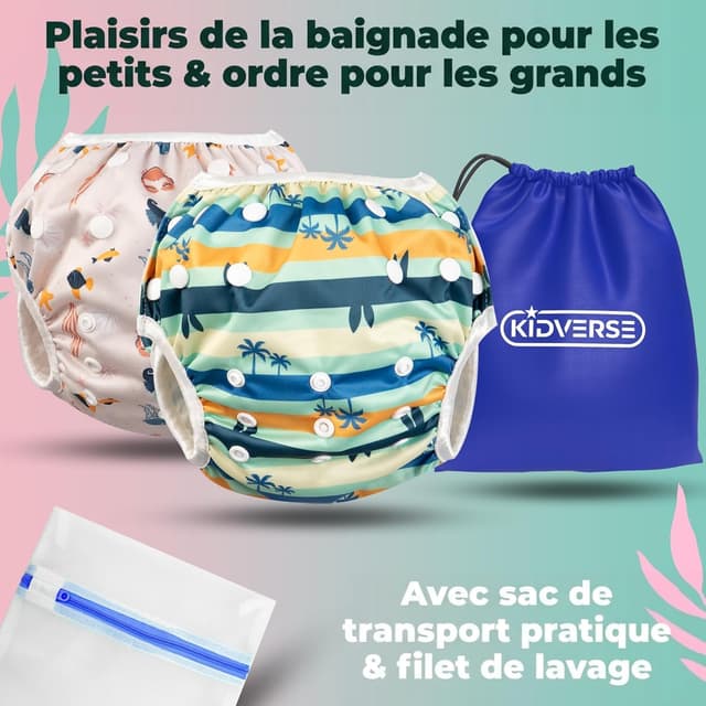 Detalle de KIDVERSE 2er-Set Schwimmwindel Baby (0–3 Jahre) – wiederverwendbare Badehose mit Größenverstellung, Tragetasche & Wäschenetz