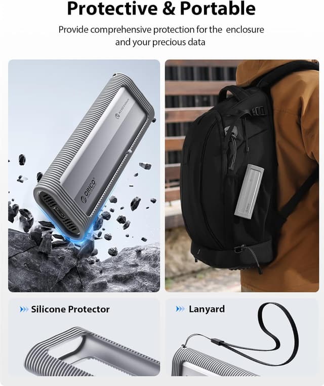 Detalle de ORICO Boîtier SSD M.2 NVMe sans outil AXM2 (USB 3.2 10Gbps) avec protection silicone et dragonne