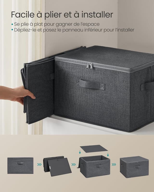 Detalle de SONGMICS Boîte de rangement pliable avec couvercle et poignées (lot de 3), tissu non-tissé, gris ardoise RYZB03G