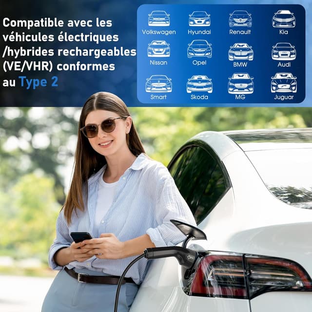 Detalle de EVIEUN Chargeur voiture électrique portable 3,6 kW (Type 2) 7 m, réglable 6/8/10/13/16 A avec écran LED