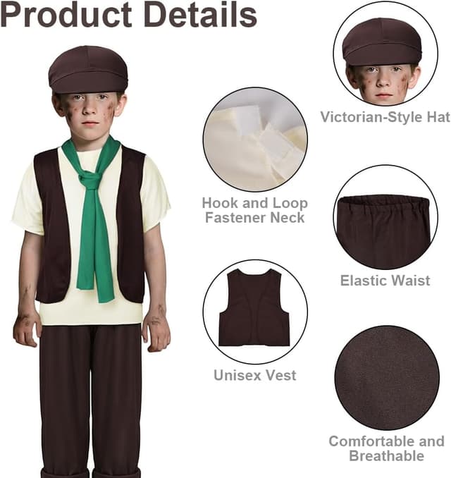 Detalle de DiULi Costume de pauper victorien 5 pièces pour enfants (4 à 12 ans) : gilet, pantalon, bonnet, écharpe et ramoneur